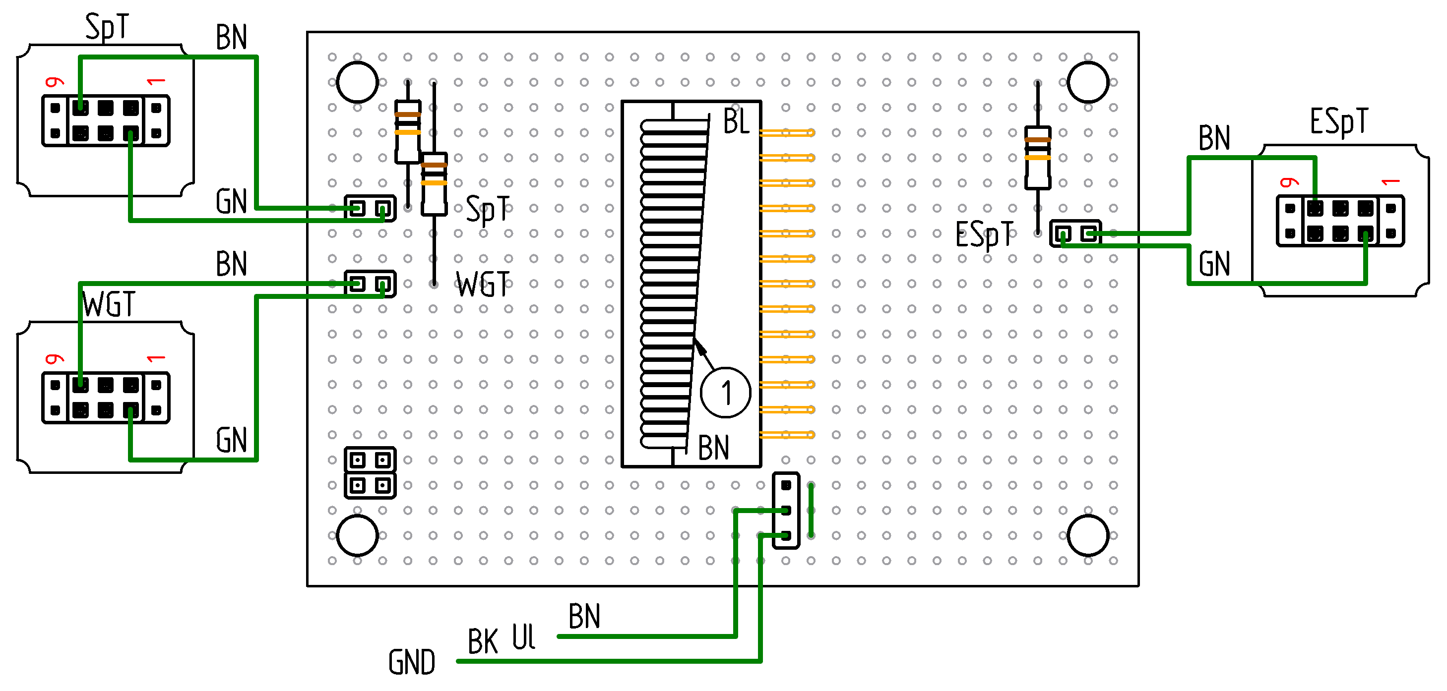 Figure with the a front of the breakout board for common controls and indication on SpDrL60 mosaic panel.